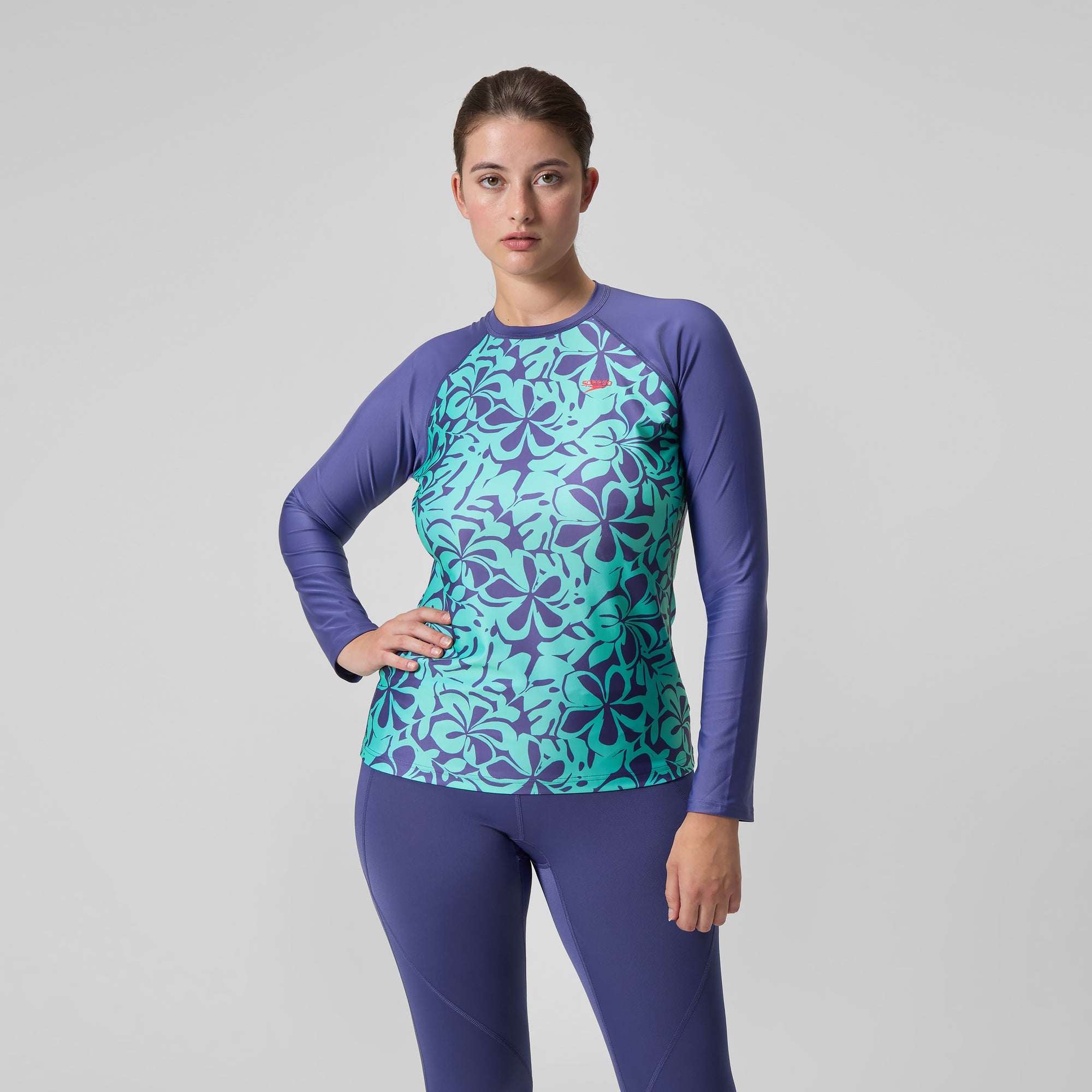 Bedrucktes langärmliges Rash-Top Blau/Grün für Damen