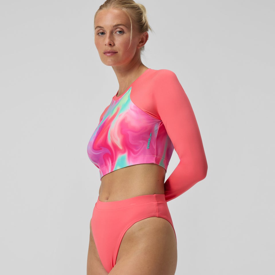 Women's Printed Long Sleeve Crop Top Coral