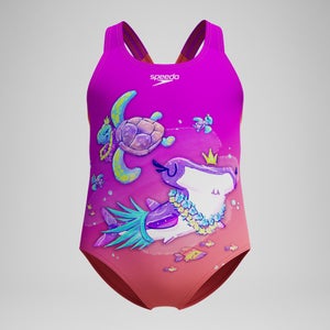 Maillot de bain Fille imprimé numérique rose/corail