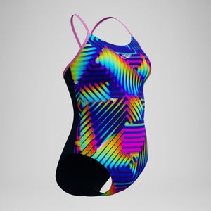 Maillot de bain Femme Club Training Fixed Crossback imprimé bleu marine/vert