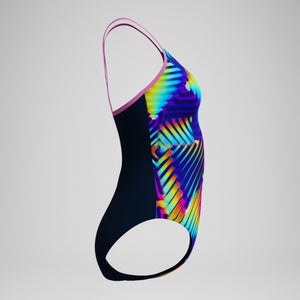 Maillot de bain Femme Club Training Fixed Crossback imprimé bleu marine/vert