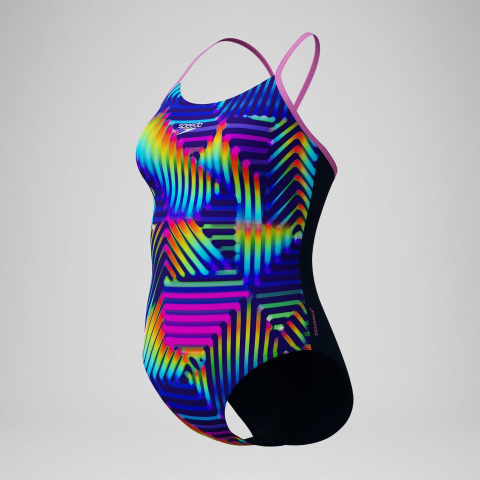 Maillot de bain Femme Club Training Fixed Crossback imprimé bleu marine/vert