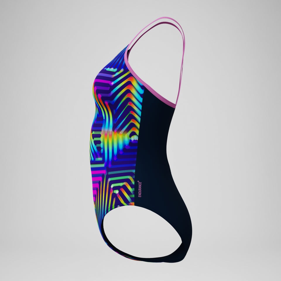 Maillot de bain Femme Club Training Fixed Crossback imprimé bleu marine/vert