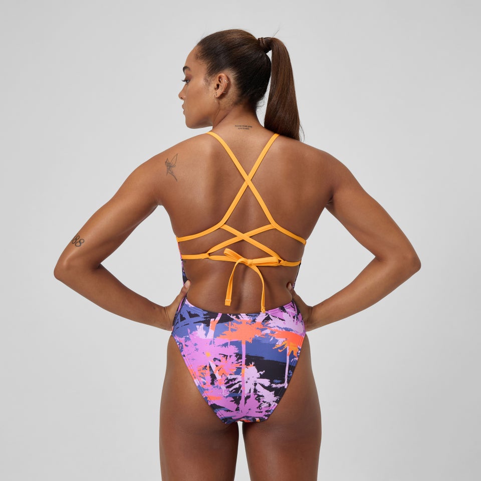 Women's Club Training Printed Lattice Tie Back Swimsuit Navy/Orange