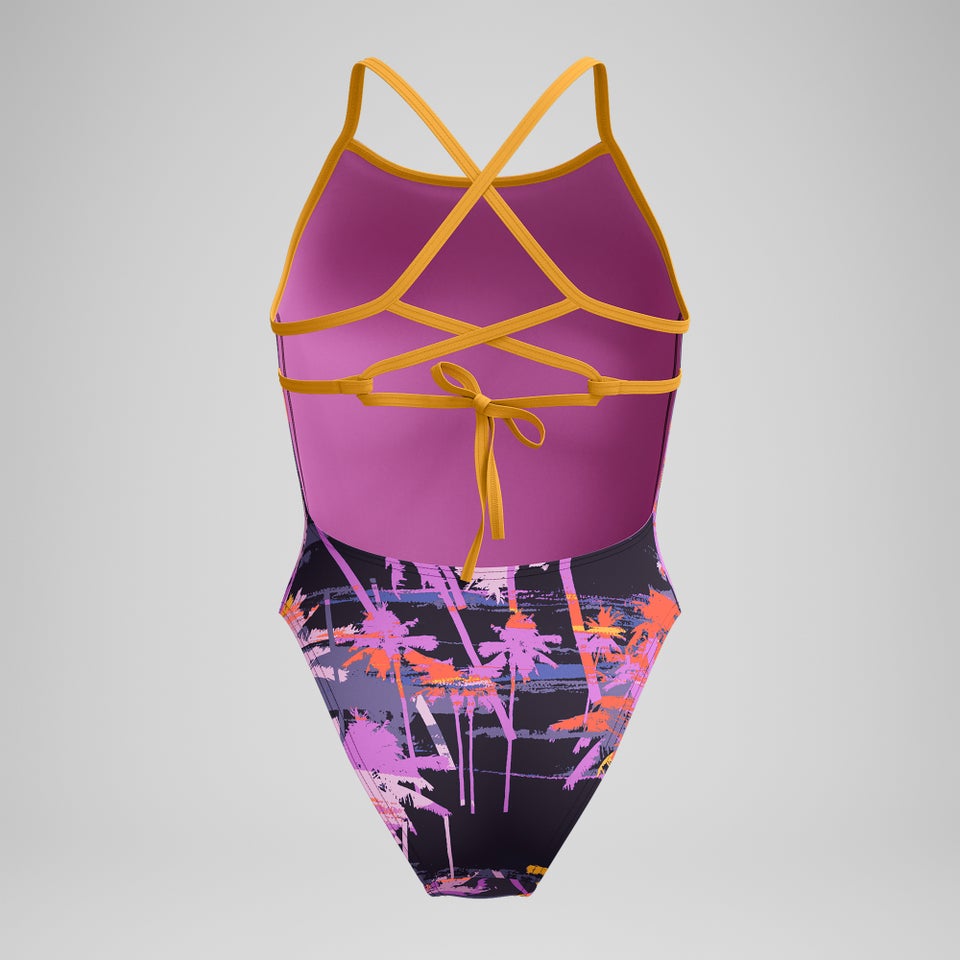 Women's Club Training Printed Lattice Tie Back Swimsuit Navy/Orange