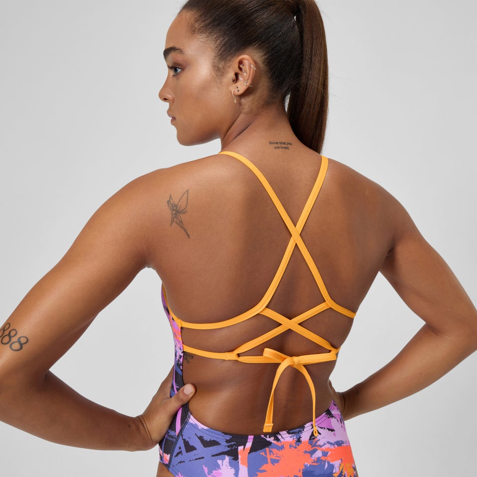 Women's Club Training Printed Lattice Tie Back Swimsuit Navy/Orange