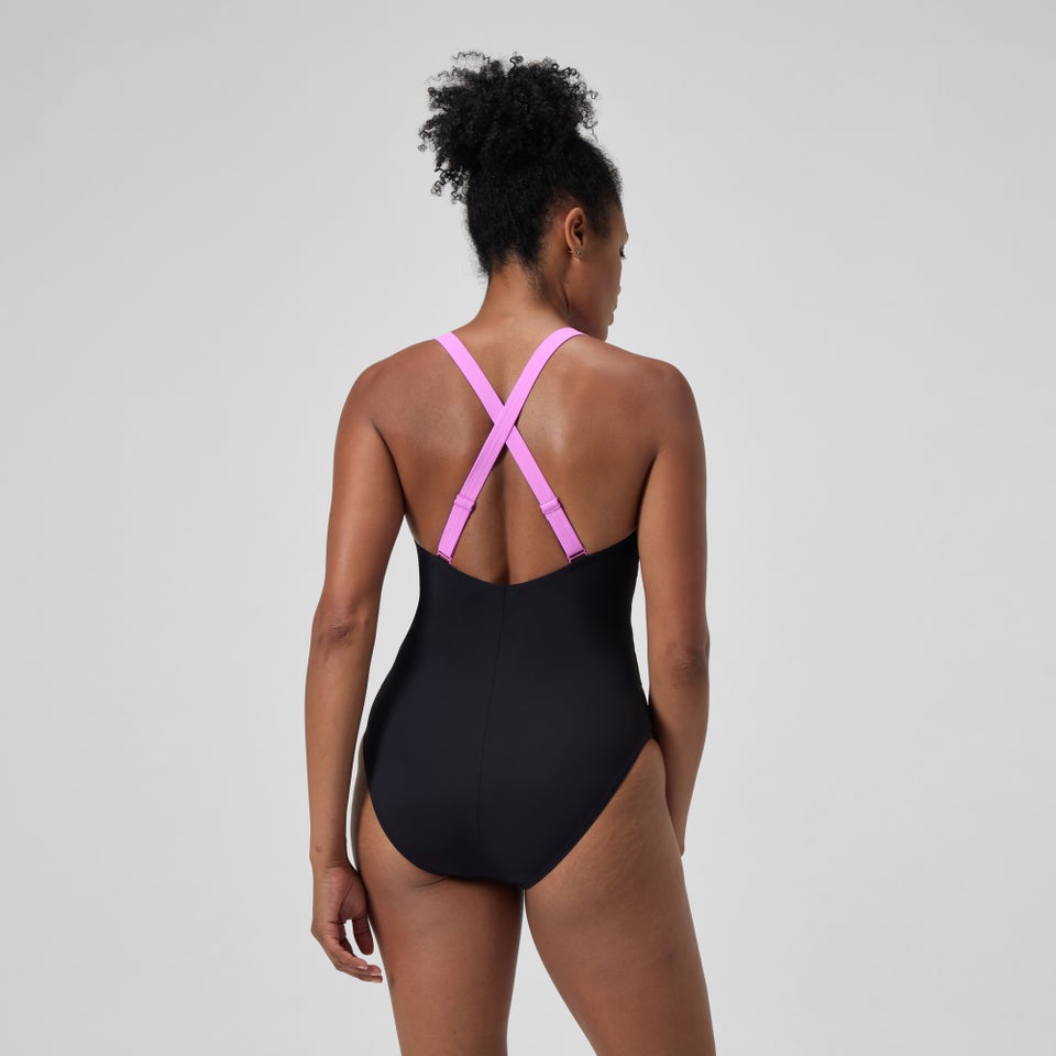 Maillot de bain Femme effet galbant Crossback noir/rose