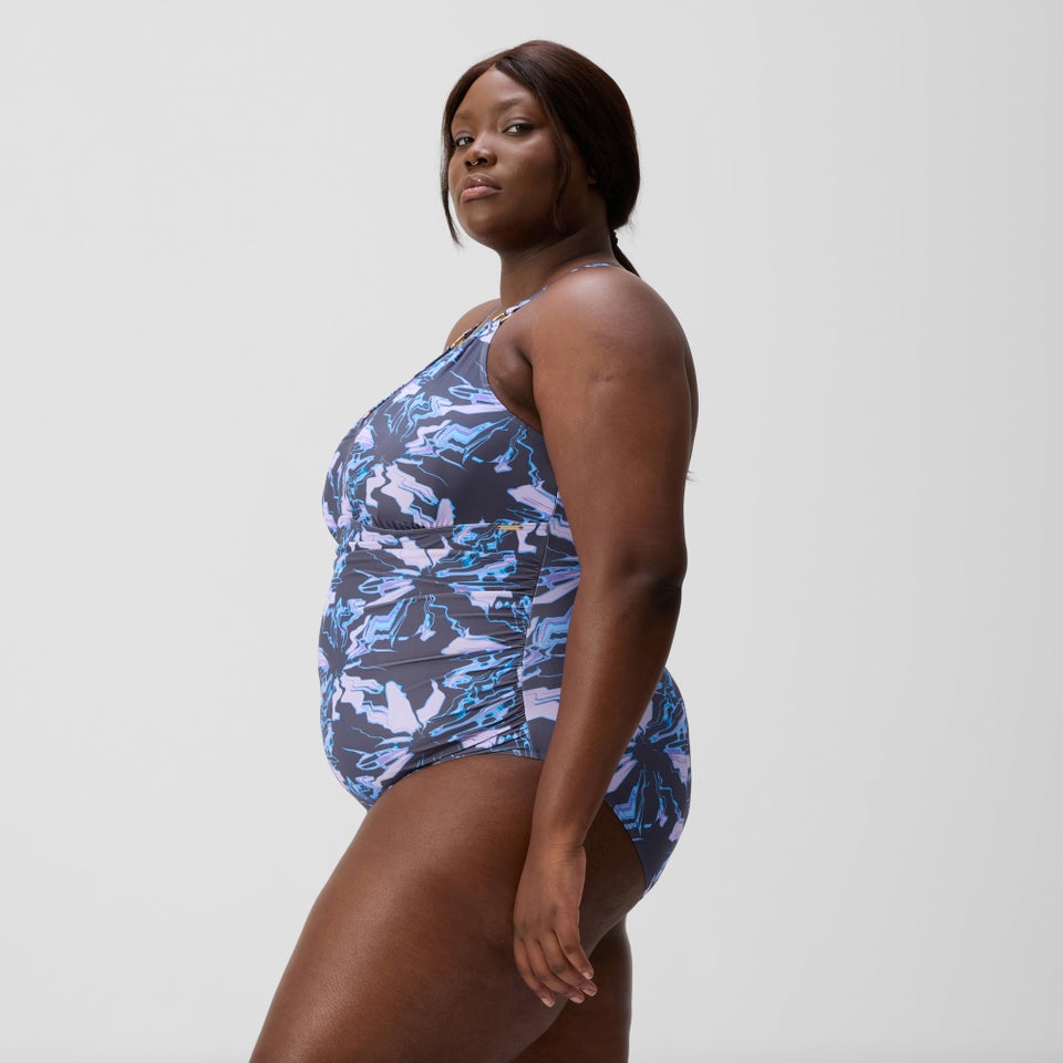 Maillot de bain Femme galbant à col V grande taille imprimé violet/gris