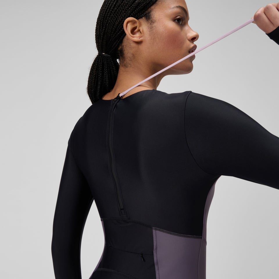 Women's Long Sleeve Zip Back One Piece Black/Dark Gray