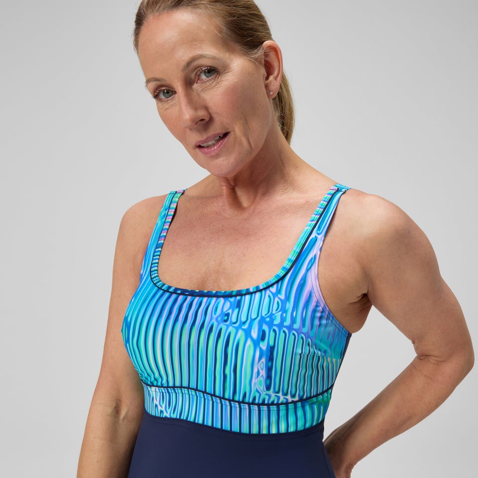 Maillot de bain Femme Contour Eclipse galbant imprimé bleu marine/vert