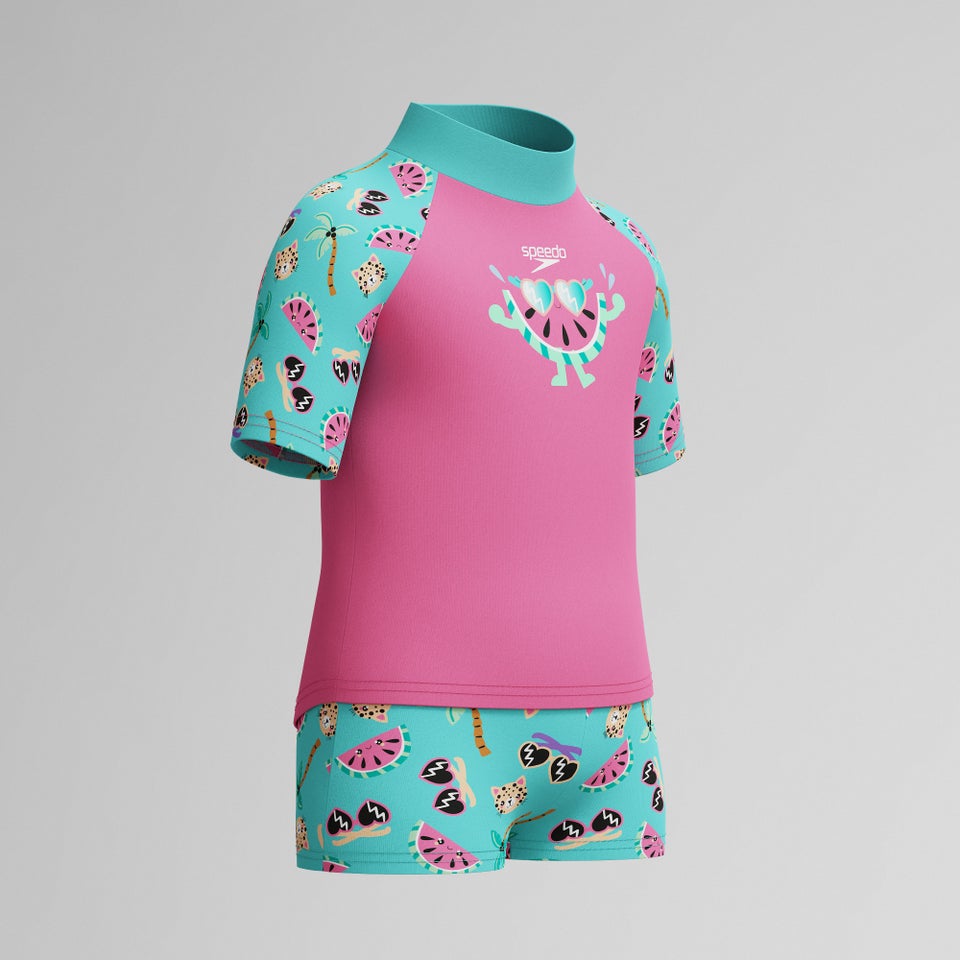 Infant Girls Learn to Swim Short Sleeve Rashguard Set Pink/Green