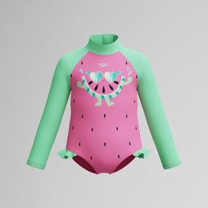 Infant Girls Learn to Swim Long Sleeve Frill One Piece Pink/Green