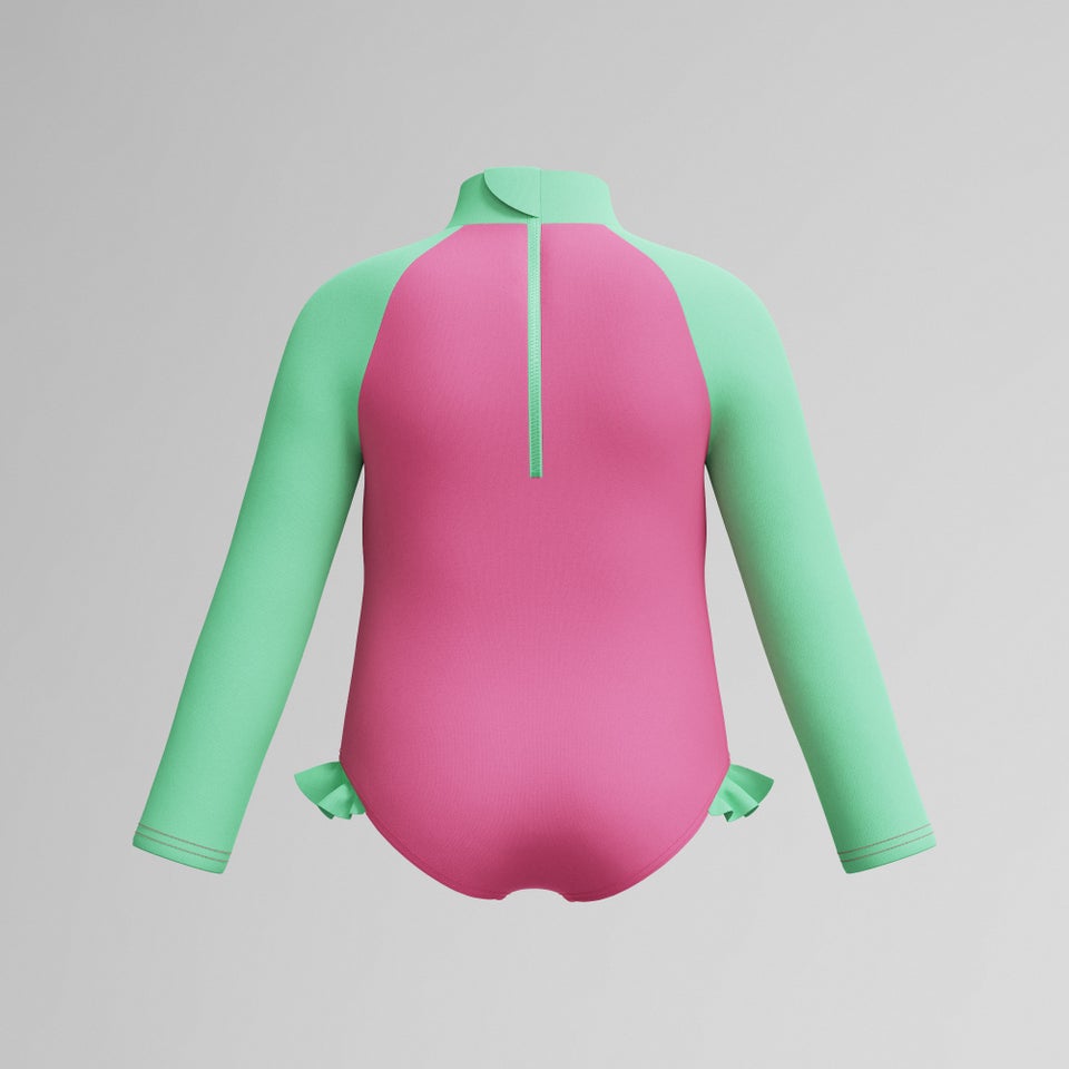 Infant Girls Learn to Swim Long Sleeve Frill One Piece Pink/Green