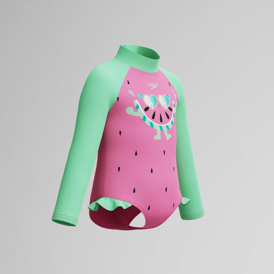 Infant Girls Learn to Swim Long Sleeve Frill One Piece Pink/Green