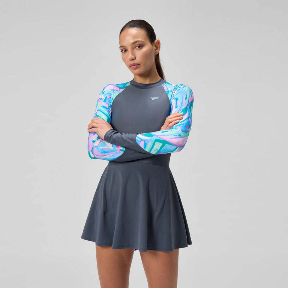 Damen Langarm-Badekleid Grau/Grün