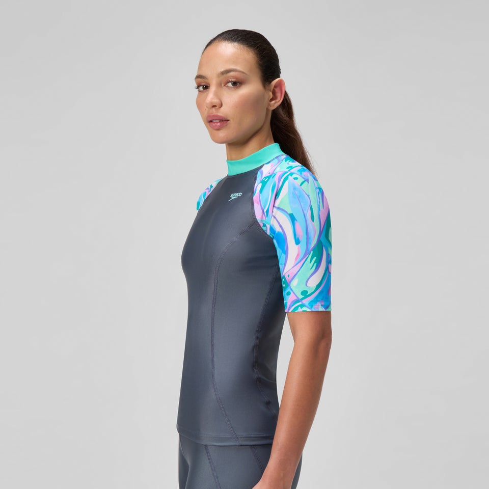 Damen Kurzarm-Rashguard Grau/Grün