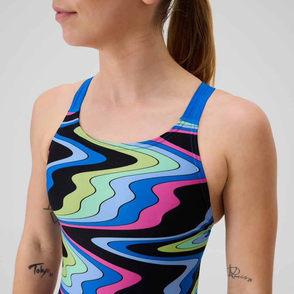 Damen Club Training Leaderback Badeanzug mit Print Schwarz/Blau