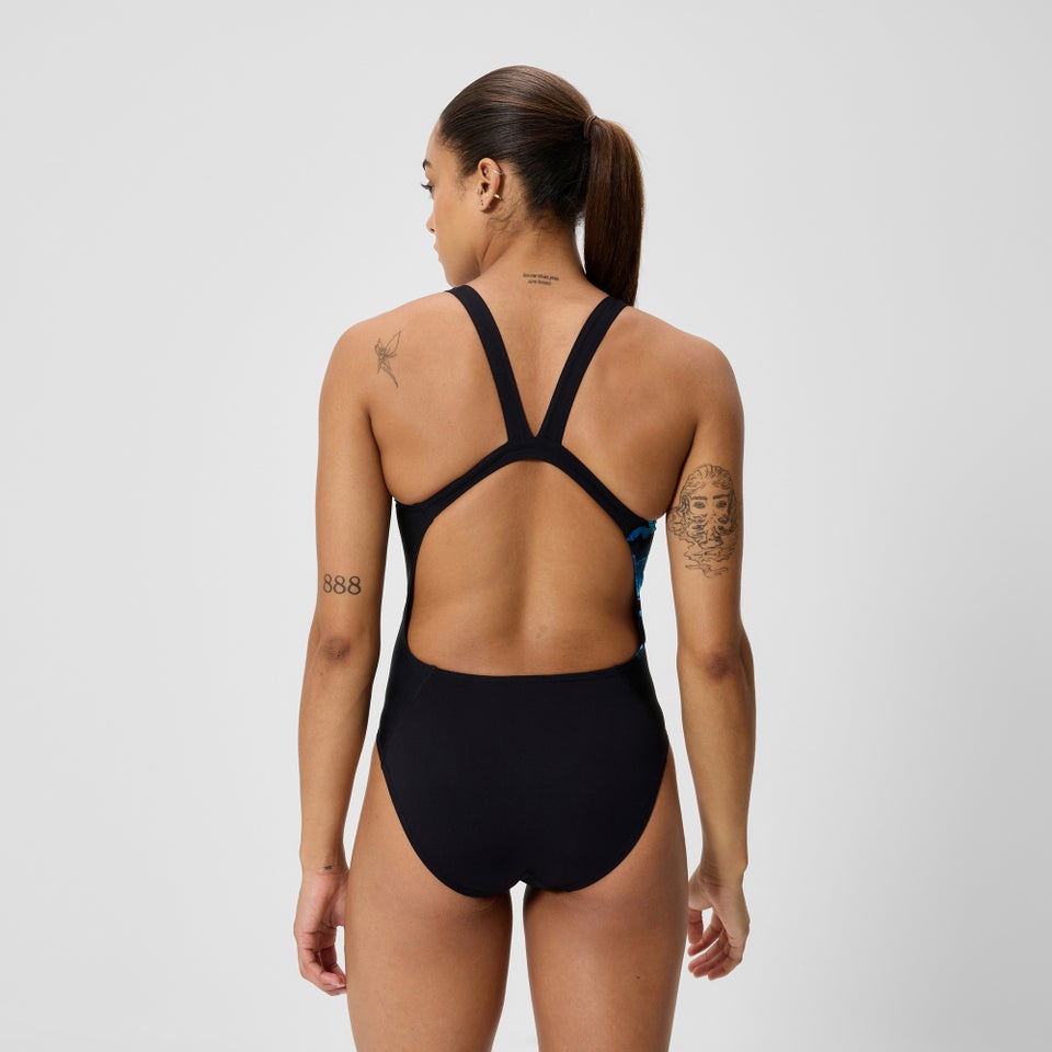 Damen Club Training Leaderback Badeanzug mit Print Schwarz/Blau