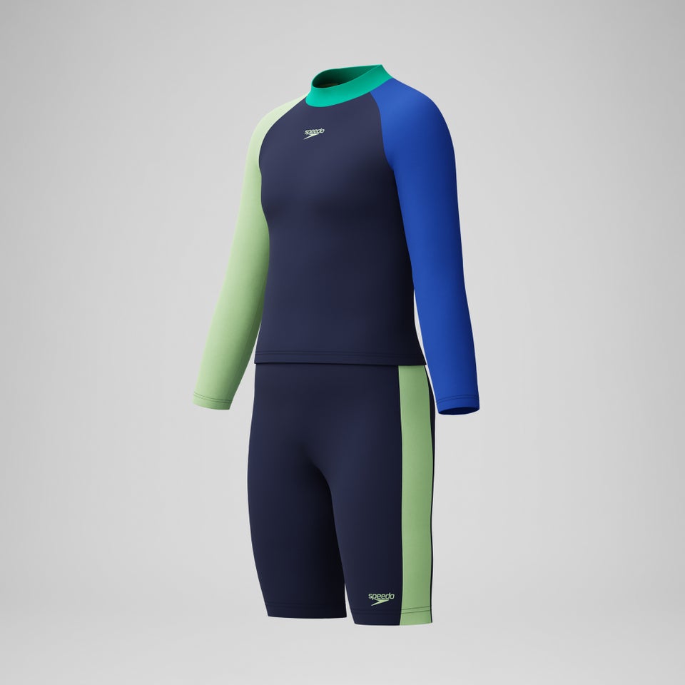 Jungen Colourblock Langarm-Rashguard und Schwimmhose im Set Marineblau/Blau