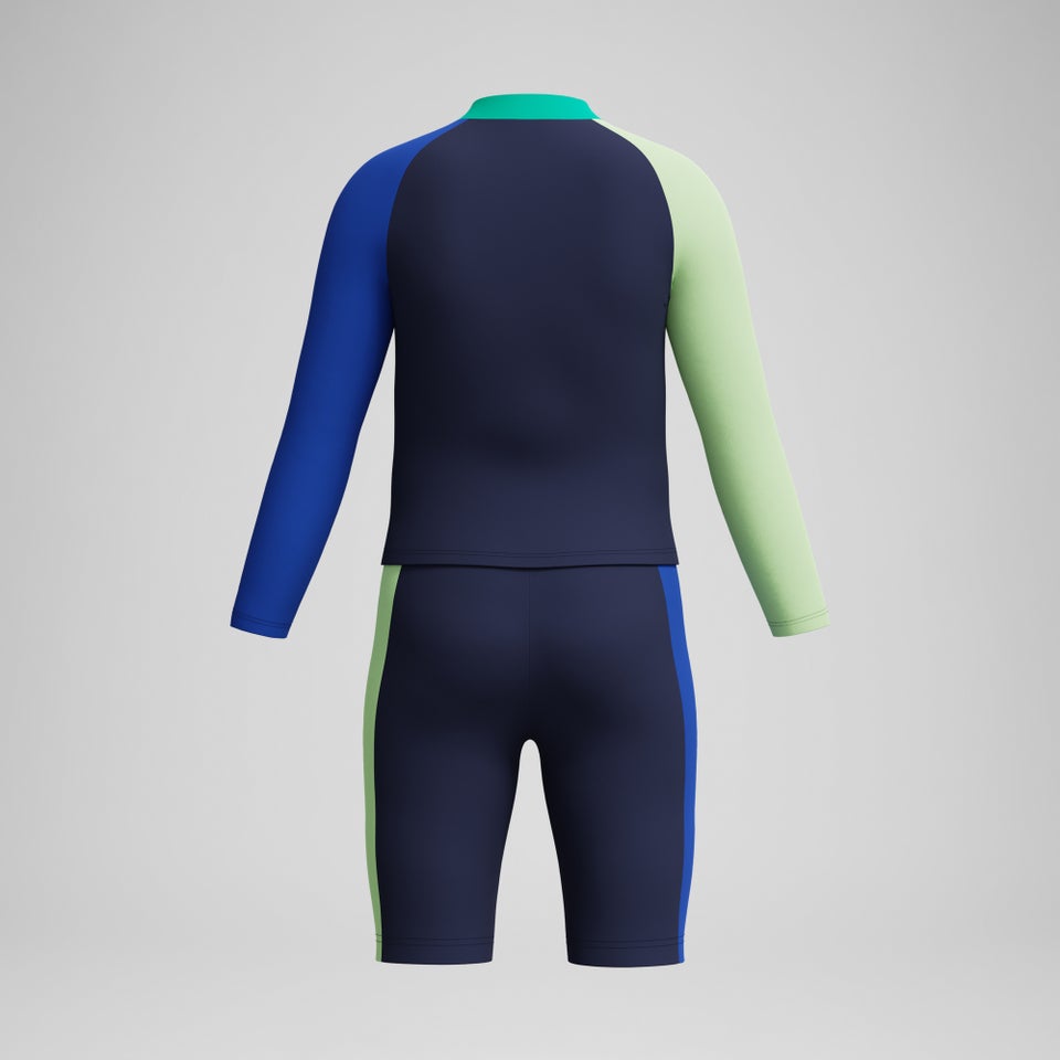 Jungen Colourblock Langarm-Rashguard und Schwimmhose im Set Marineblau/Blau