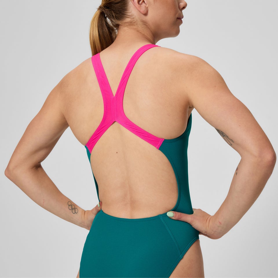 Monopièce d’entraînement imprimé pour femmes Powerback, sarcelle/rose