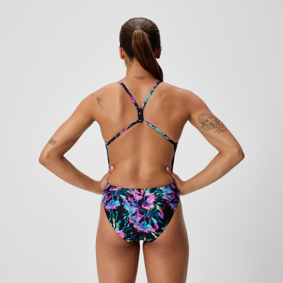 Damen Club Training 2.0 Badeanzug mit V-Rücken und Print Pink/Schwarz