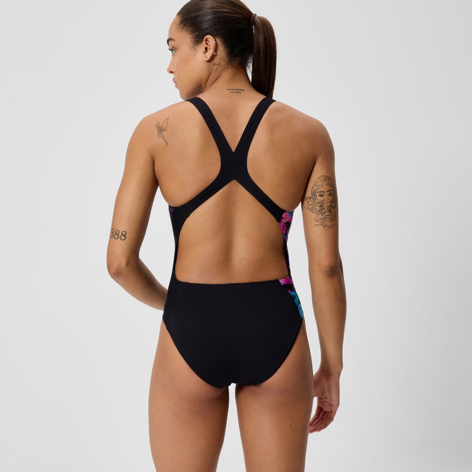 Damen Club Training Powerback Badeanzug mit Print Schwarz/Grün