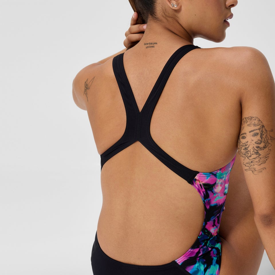 Damen Club Training Powerback Badeanzug mit Print Schwarz/Grün