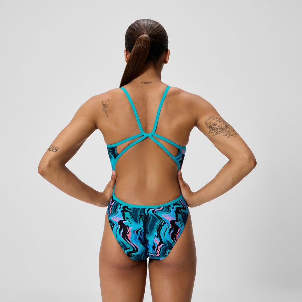 Damen Club Training Badeanzug mit Gitterschnürung und Print Blau/Schwarz