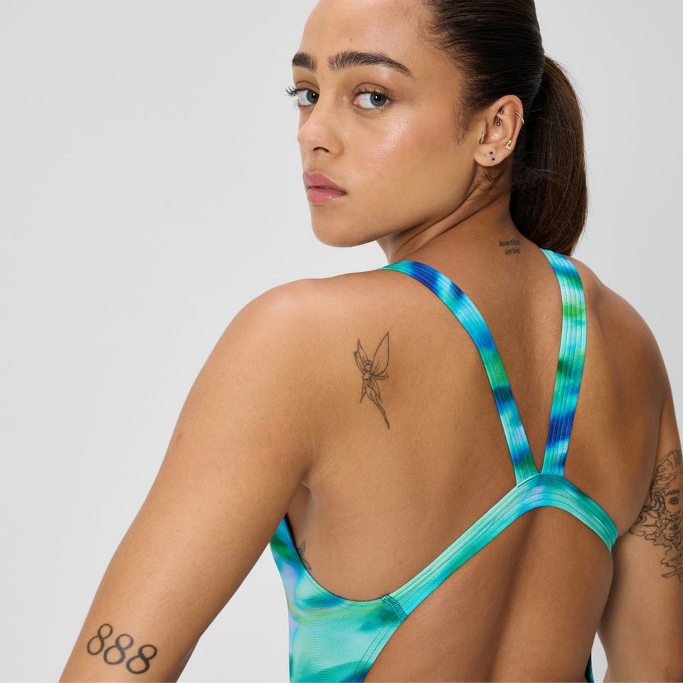 Women's Club Training Printed Leaderback Swimsuit Green/Blue