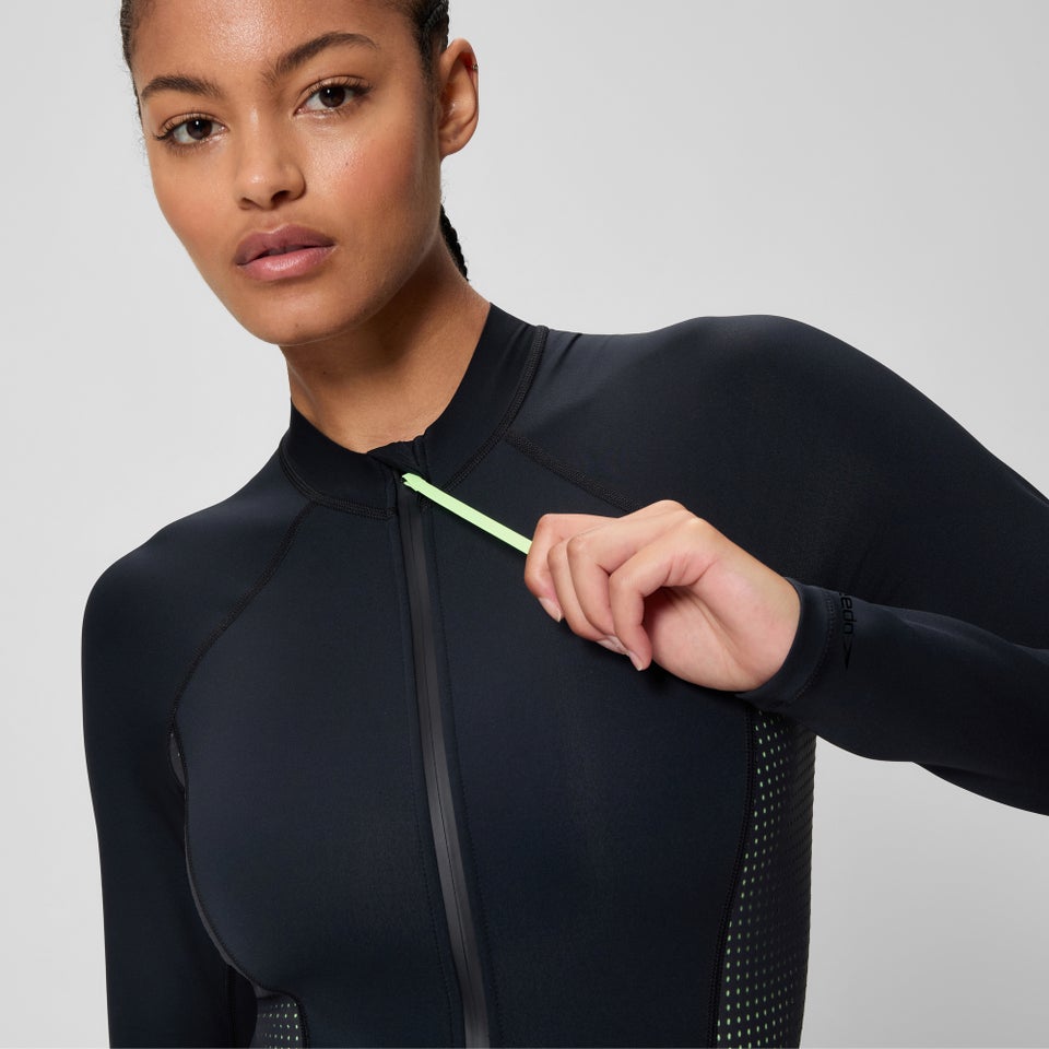 Damen Scuba Flex Langarm-Badeanzug mit Reißverschluss Schwarz/Grün