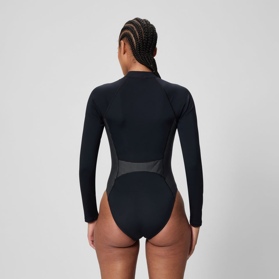 Damen Scuba Flex Langarm-Badeanzug mit Reißverschluss Schwarz/Grün