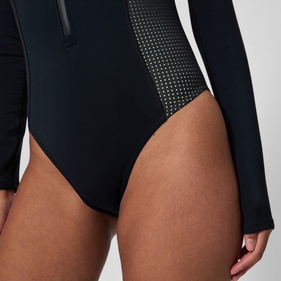 Damen Scuba Flex Langarm-Badeanzug mit Reißverschluss Schwarz/Grün