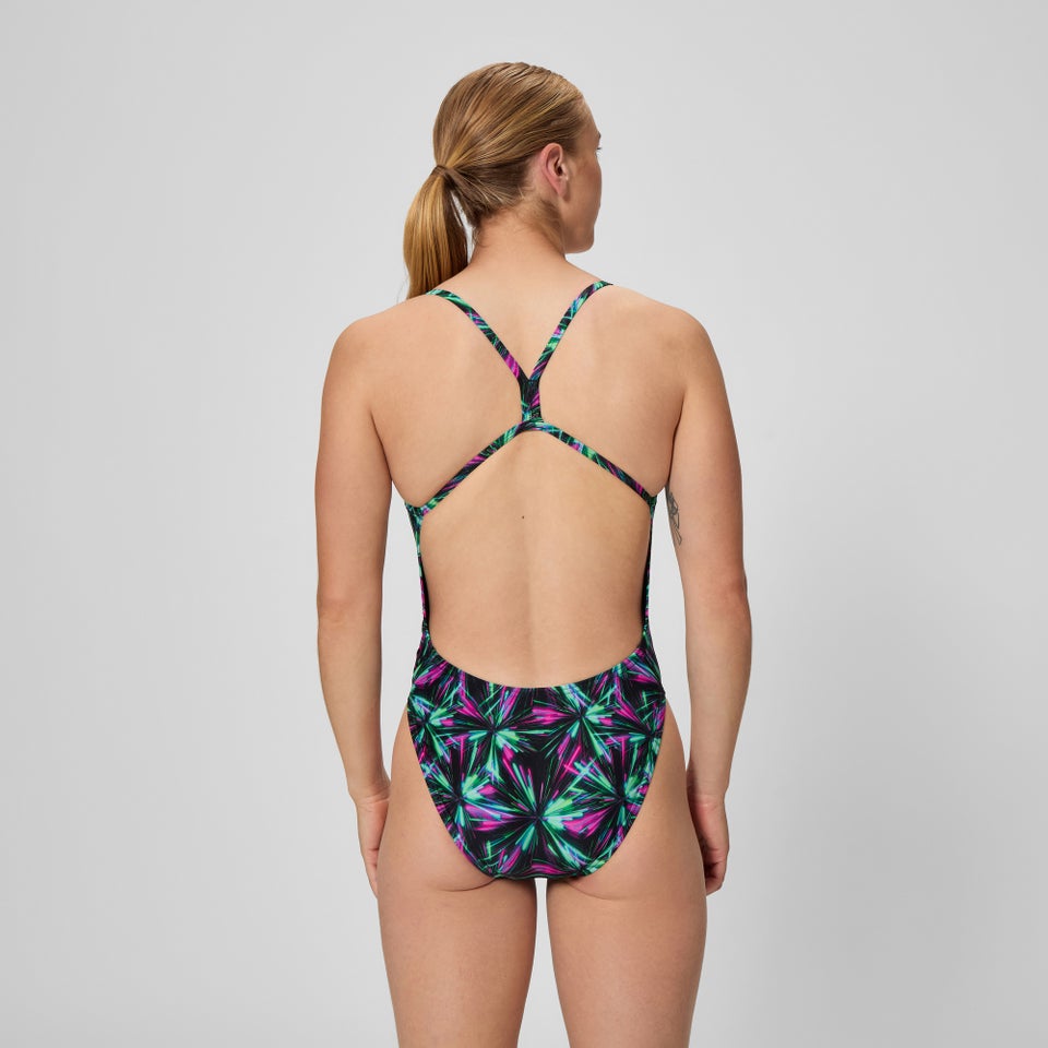 Damen Club Training 2.0 Badeanzug mit V-Rücken und Print Grün/Schwarz