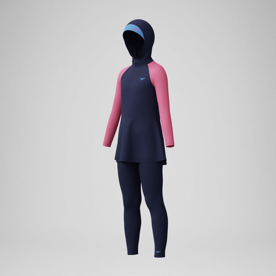 Mädchen Dreiteiliges Colourblock Schwimm-Set für mehr Abdeckung Marineblau/Pink