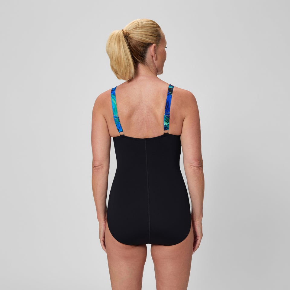 Women's Printed Blocked Square Neck One Piece Black/Blue