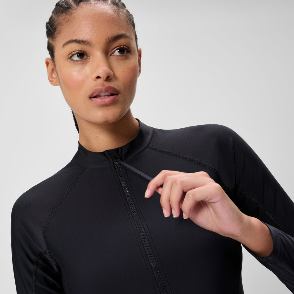 Women's Solid Long Sleeve Zip Rashguard Black