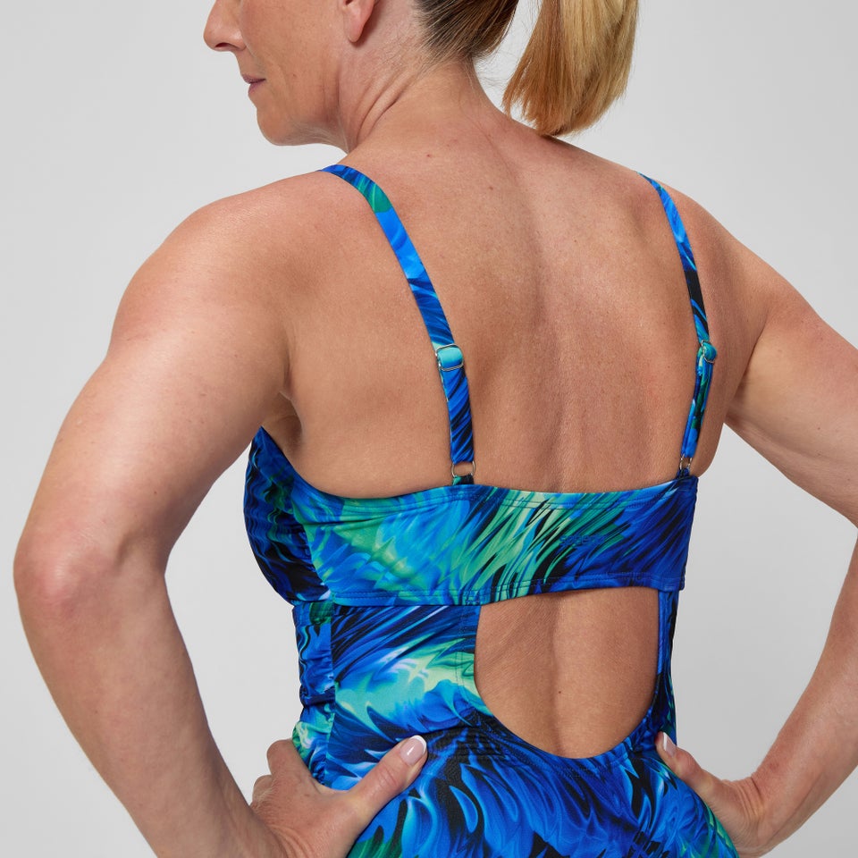 Women's Printed Shirred Adjustable One Piece Black/Blue