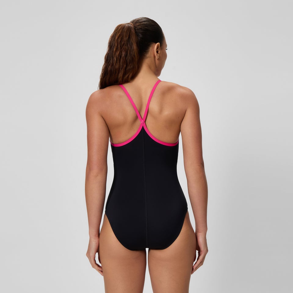 Women's Solid Closed Back Hydrobra One Piece Black/Pink