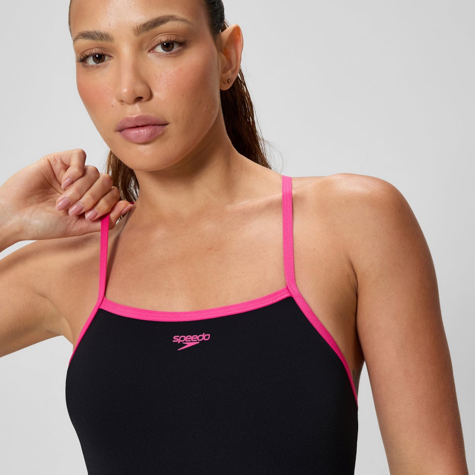 Women's Solid Closed Back Hydrobra One Piece Black/Pink