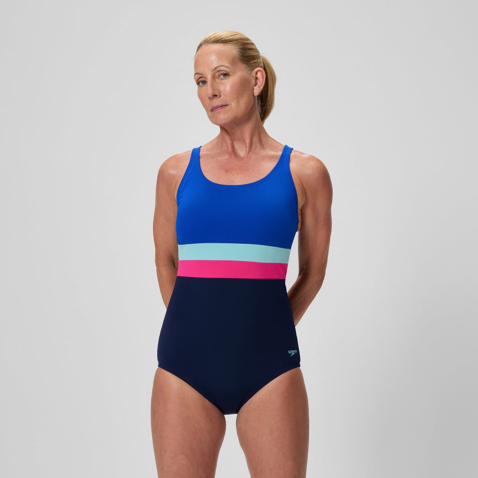 Monopièce à blocs de couleurs à bande pour femmes, marine bleu/bleu