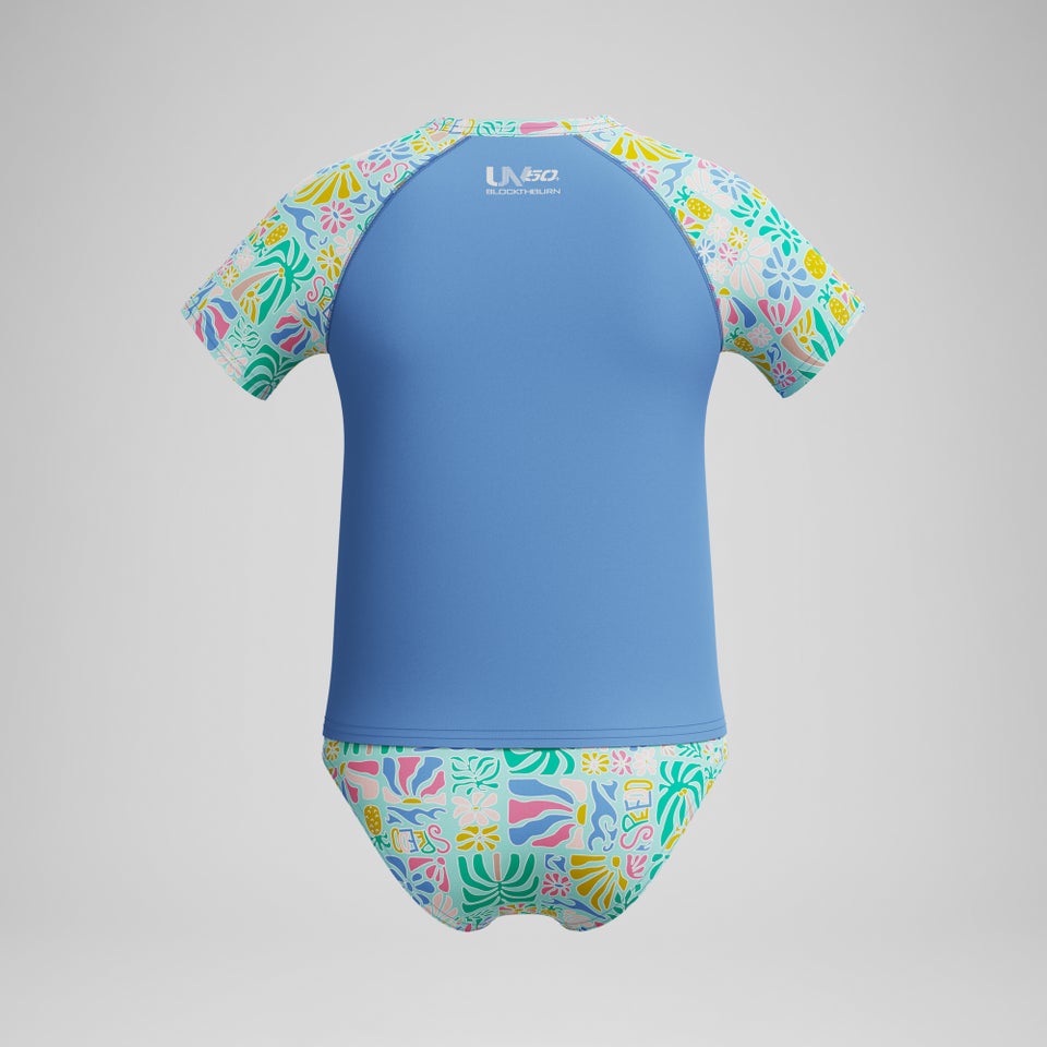 Girls Printed Short Sleeve Rashguard Set Blue