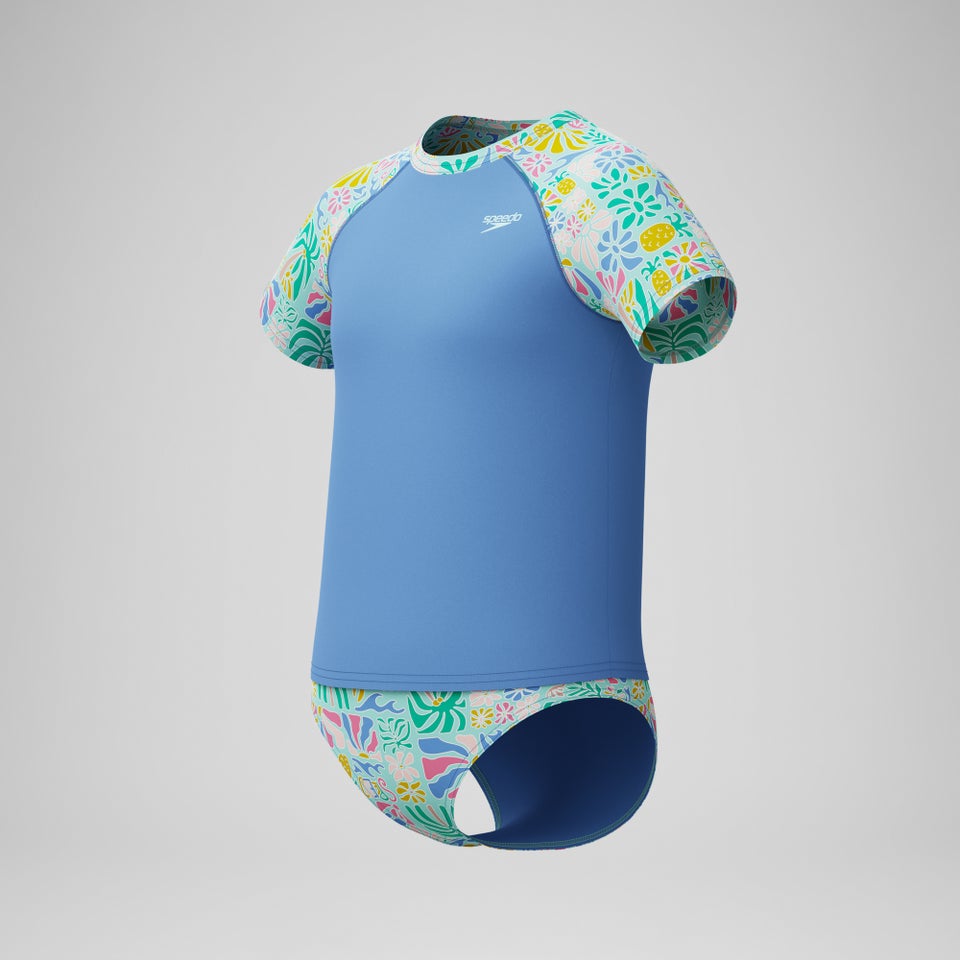 Girls Printed Short Sleeve Rashguard Set Blue