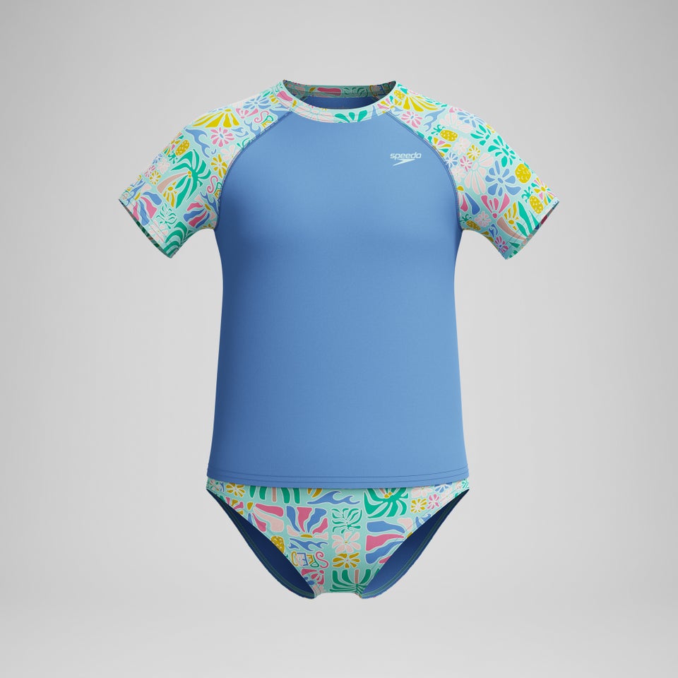 Girls Printed Short Sleeve Rashguard Set Blue