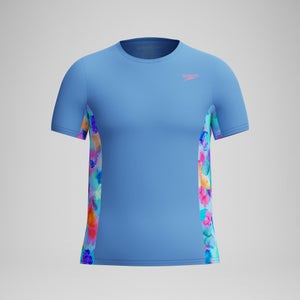 Maillot dermoprotecteur à manches courtes et à imprimé pour filles, bleu