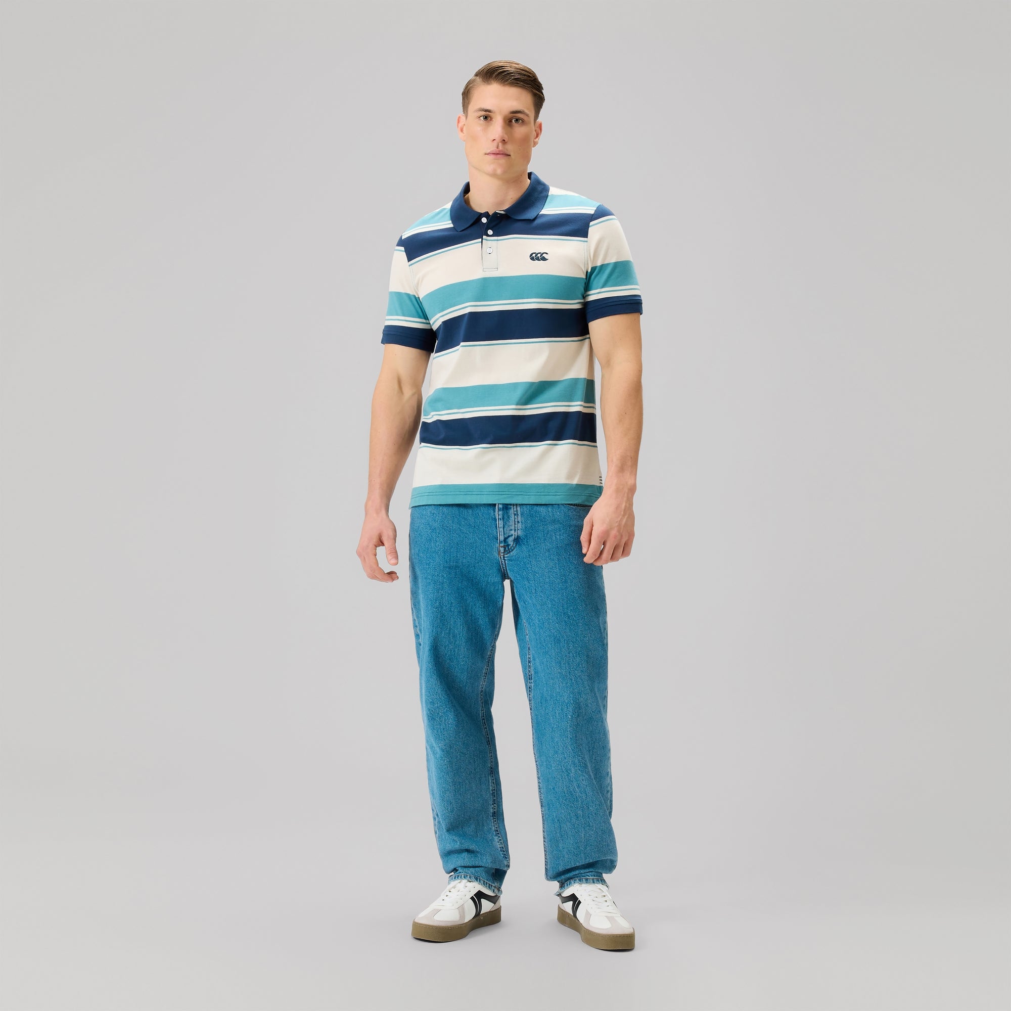 Mens Fundamentals Stripe Polo Shirt Blue | Canterbury