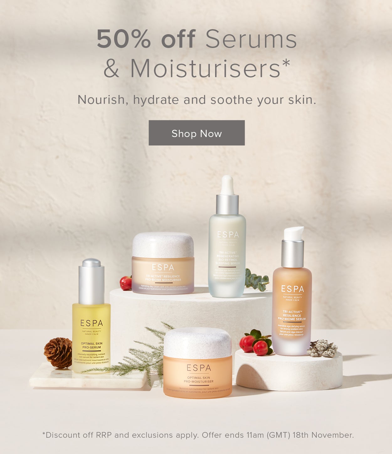 50 percent off serums and moisturisers