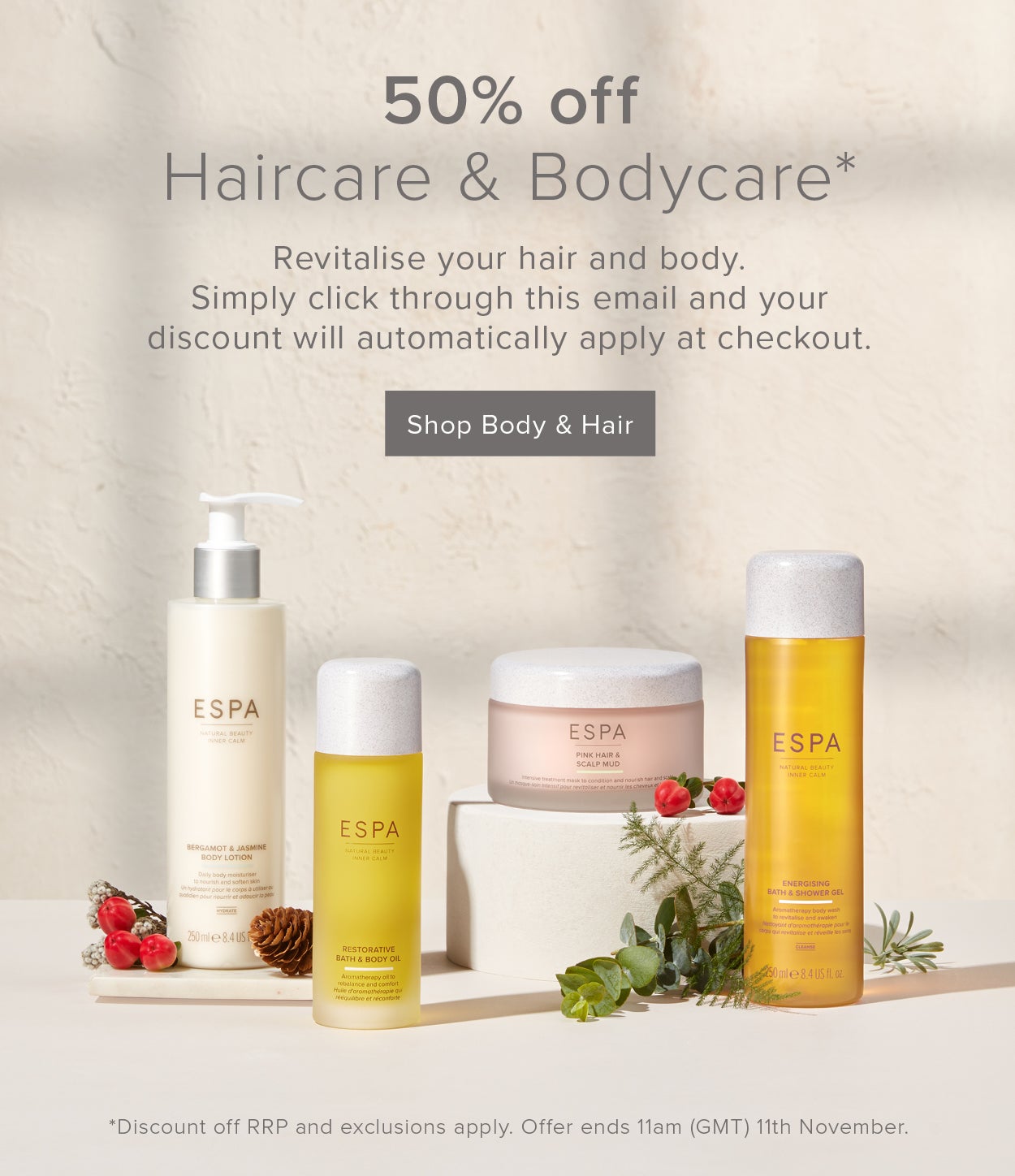 50 percent off body and hair