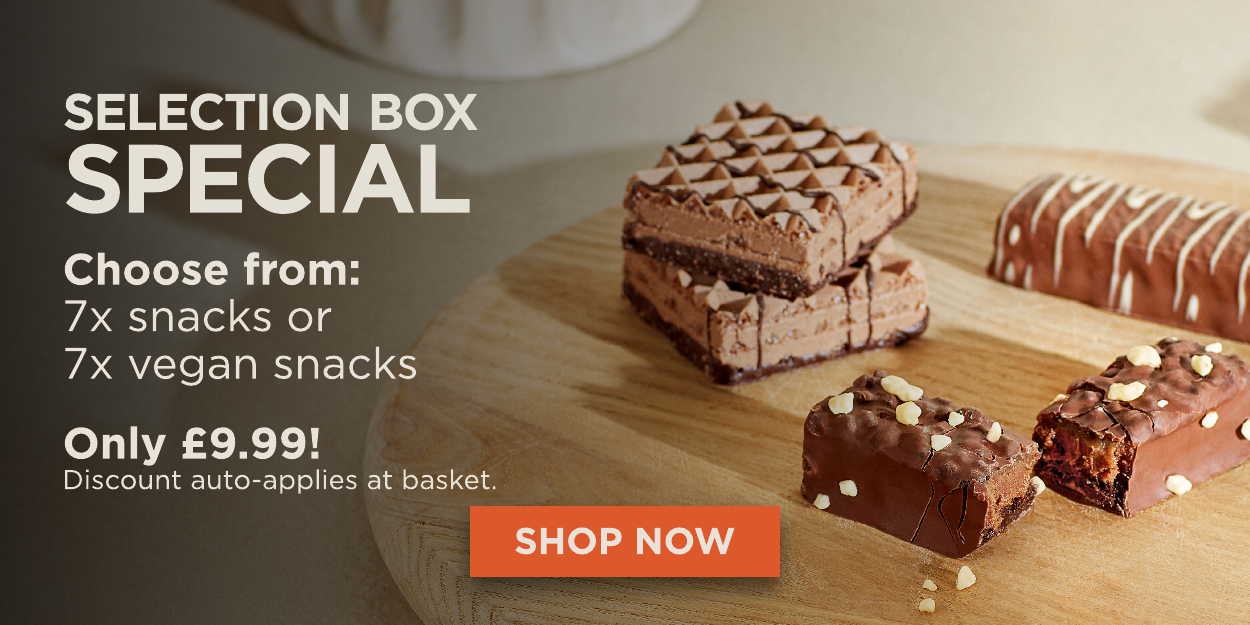 Snack boxes only £9.99 | Choose either 7x non-vegan snacks or 7x vegan snacks. Discount applied at checkout.