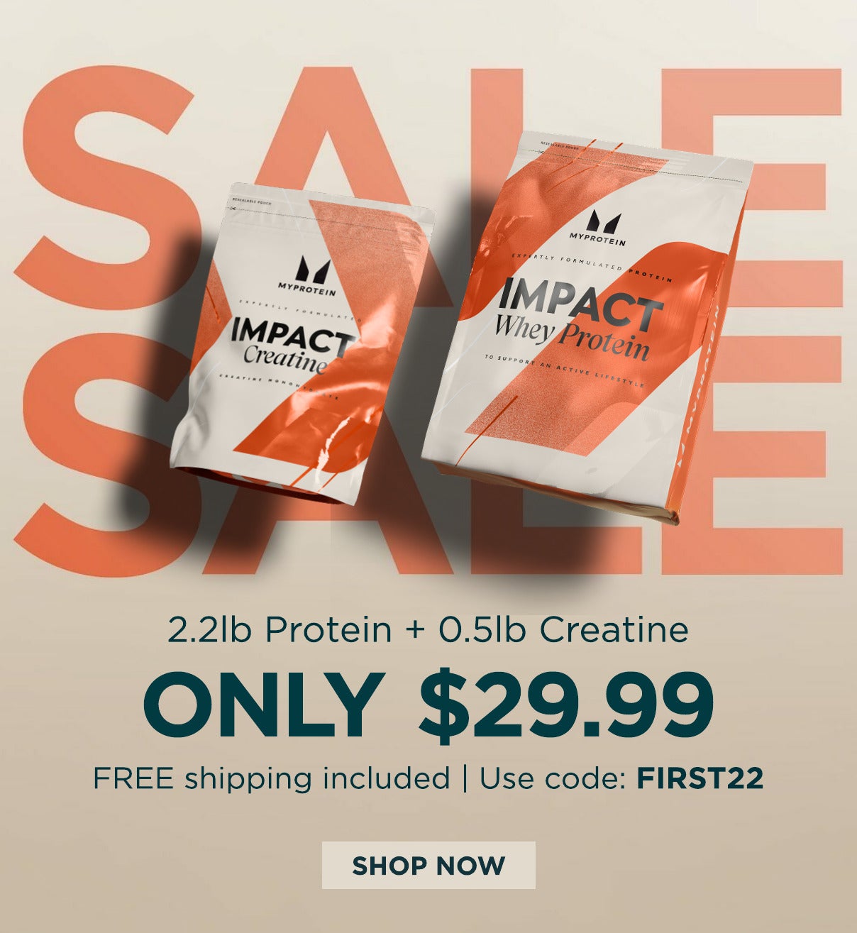 2.2lb Impact Whey Protein & 0.55lb Creatine for only $29.99 with free shipping. Use code: FIRST22